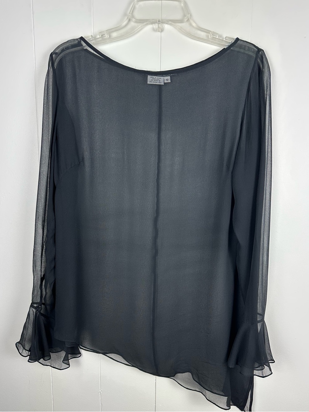 Maggy London 100% Silk Sheer Black Blouse Size 12 Bell Sleeve Evening Top